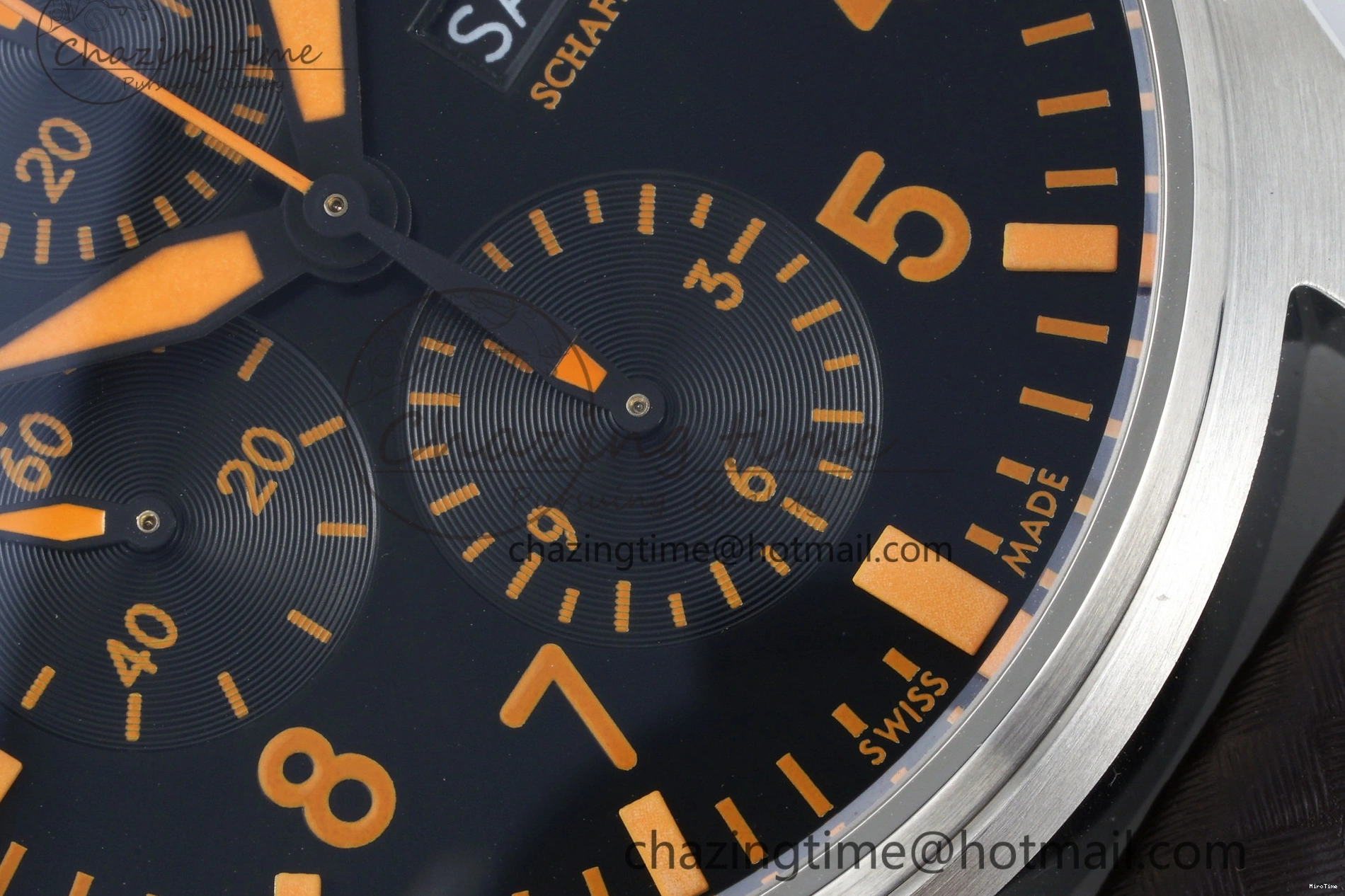 MIROTIME 0126 Pilot Chrono SS AZF 1:1 Best Edition Black Dial Orange Markers on Brown Leather Strap A EasyCare 7065